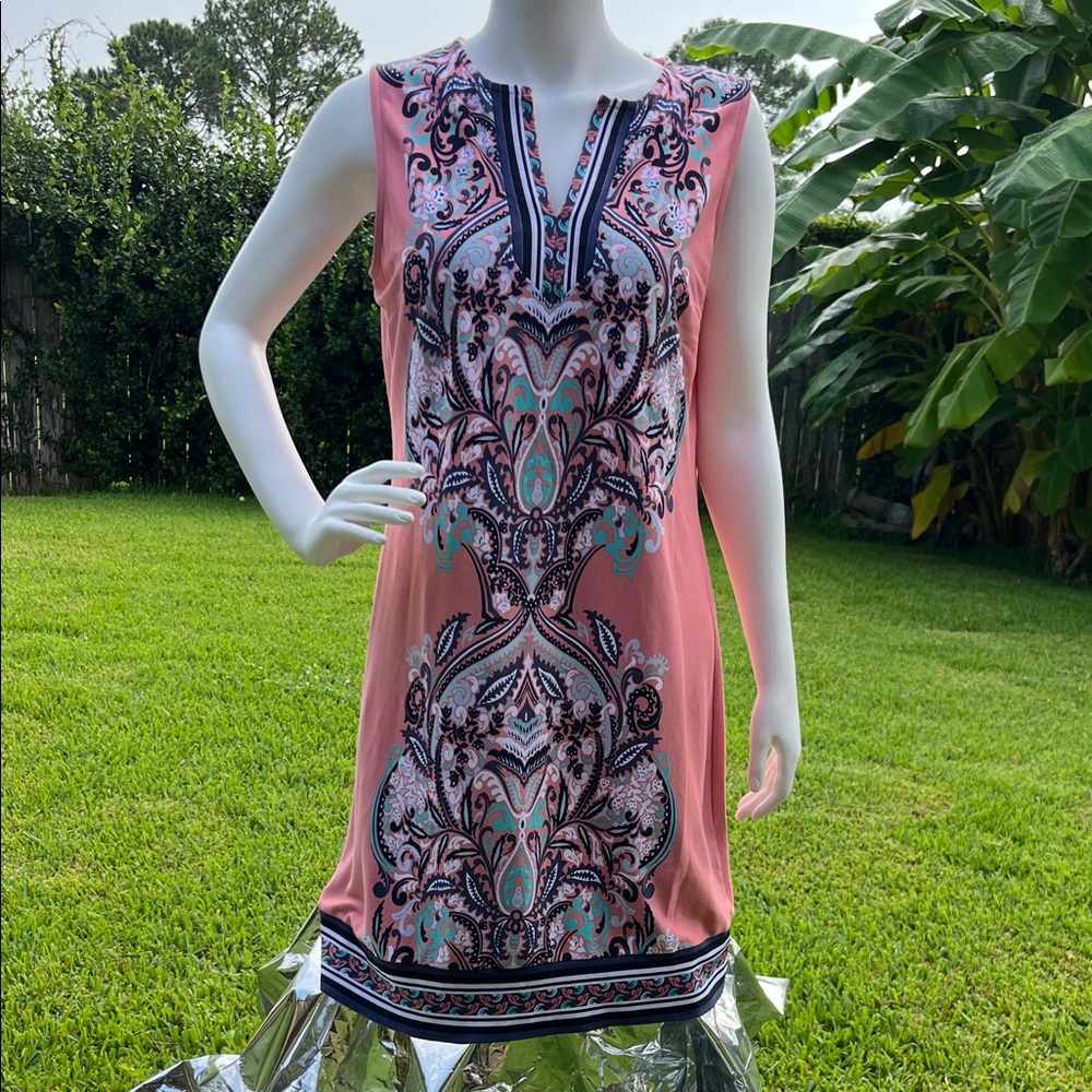 New York & Company Orange Sleeveless Dress with Black and Blue Patterns